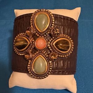 ANDARA CUFF JADE AND TIGER EYE IN MEDALLION LEATHER BRACELET